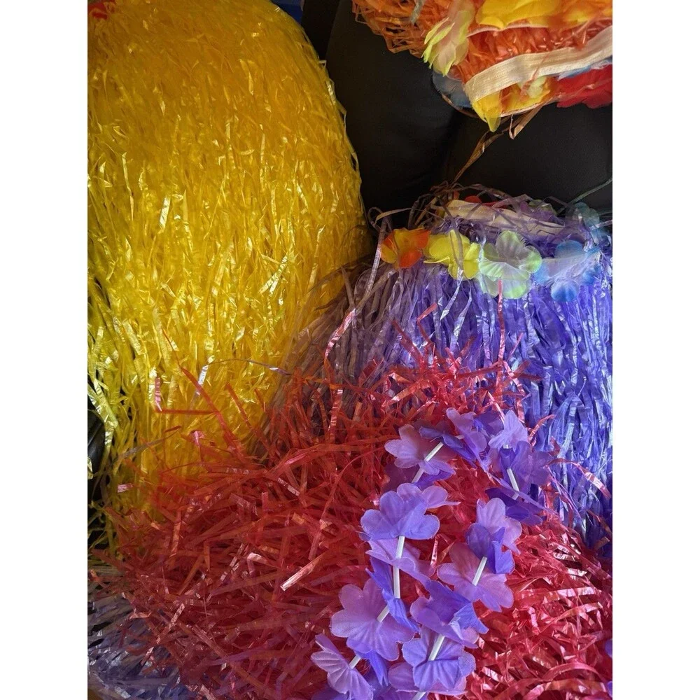 10 Pcs Adult’s Hawaiian Luau Hula Skirts Adjustable To 32” Flowered Multi Colors
